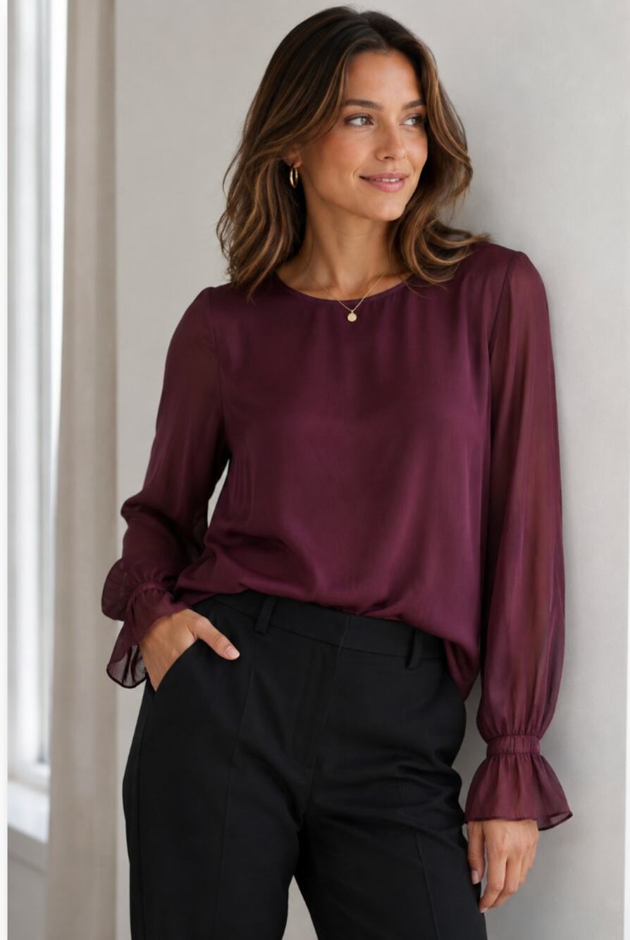 Banana Republic Lagenlook Holiday Burgundy Women's Long Sleeve Blouse Corporate